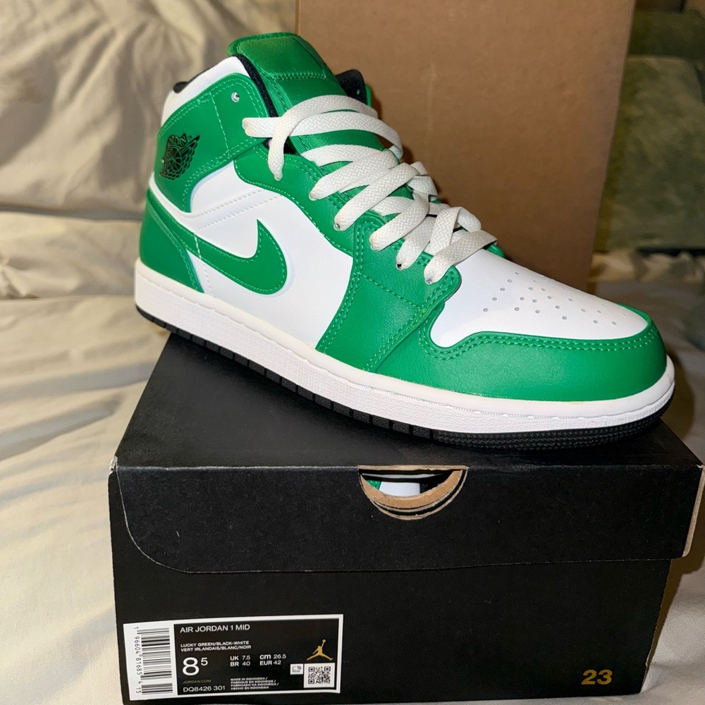 Green and White Air Jordan 1 Mid Sneakers